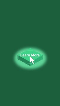 Click learn more isometric button animation glowing green background 4K motion graphic footage