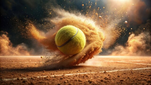 Tennis ball exploding in dramatic dust cloud on clay court