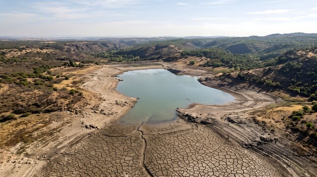Aerial view of a dried up reservoir showing cracked earth and low water levels due to drought.