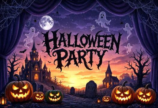 Spooky halloween party backdrop with haunted castle ghosts and jackolanterns under a full moon scene