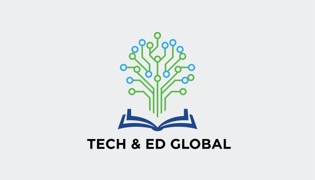 Tech and Ed Global corporate logo design showing a digital circuit tree growing from an open book on grey background.