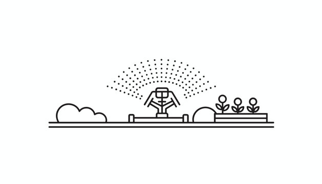 Minimalist line icon of an automatic garden sprinkler watering flowers and bushes in a residential backyard.