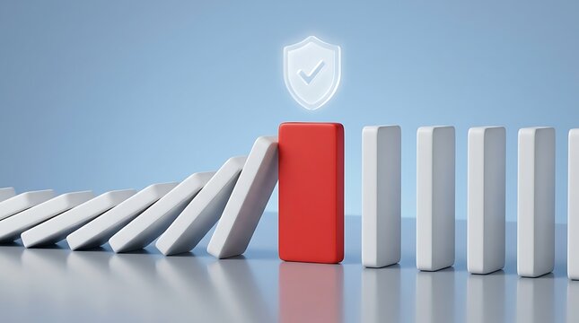 Red domino halts falling white dominoes, illustrating resilience, protection, and risk mitigation with glowing shield overhead, business concept.
