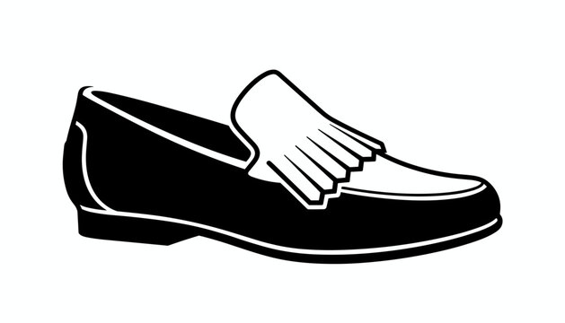 Classic men fashion black and white fringe leather loafer shoe side view flat vector line art illustration.