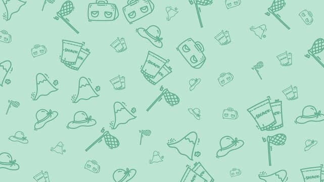 Fun summerthemed design with doodles of mountains, nets, bags, snack packs, and hats on a green background. Perfect for travel posters or outdoorthemed graphics.