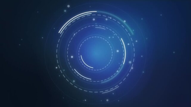 Abstract motion graphic animation loop with swirling blue and white concentric circles and glowing particles on a dark gradient background, futuristic technology