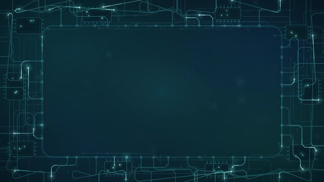 Glowing cyan neon circuit traces over dark motherboard seamless loop