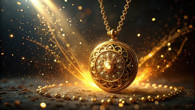 Intricate golden amulet necklace shimmers amidst a mystical particle burst on dark background