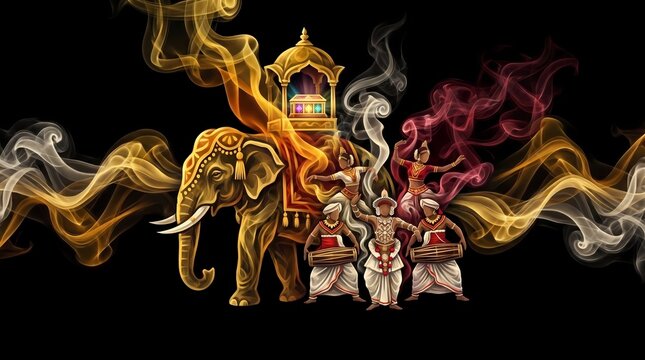 Kandy Esala Perahera Sri Lanka &ndash; Sacred Elephant, Kandyan Dancers and Traditional Drummers Cultural Festival Illustration