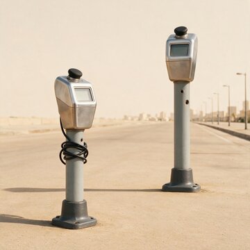 Two parking meters of different heights standing side by side on a warm sand-beige street, with a smooth finish and copy space for municipal service advertising