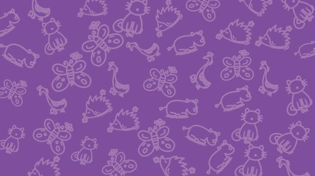 Purple background with cute doodle style cat, butterfly, hedgehog, and hippo illustrations. Perfect for childrens prints, stationery, and products.