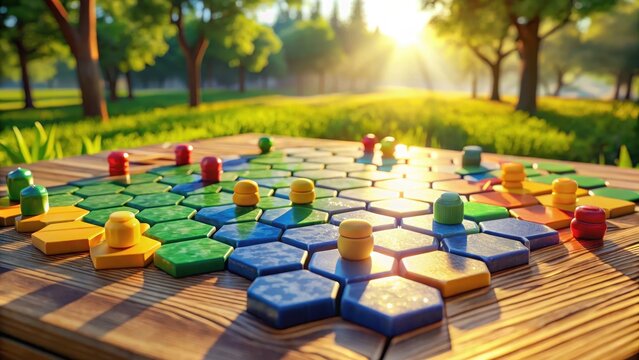 Colorful game pieces on a hexagonal board outdoors