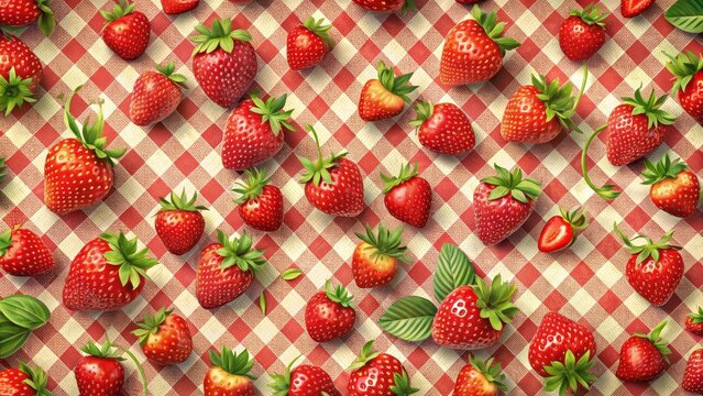 Cute vintage checkered print background decorated with little strawberries