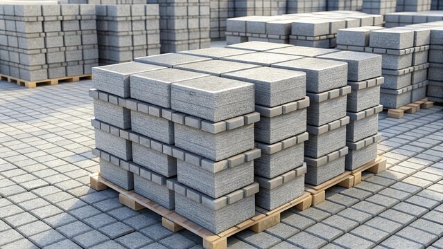 Gray concrete bricks stacked on a construction site with textured surface and surrounding pavers