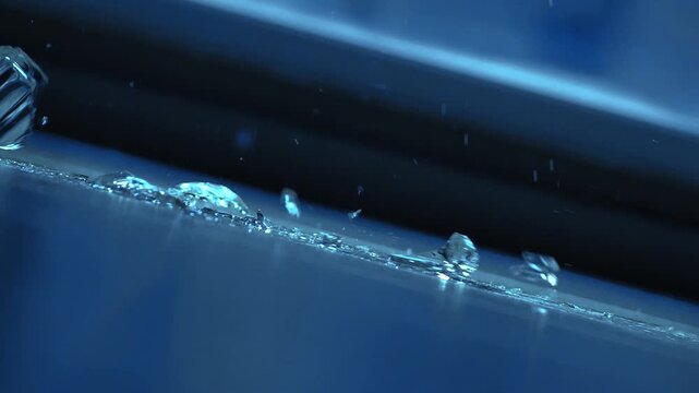 High-speed slow motion of a glass cup shattering on the floor, water splashing everywhere