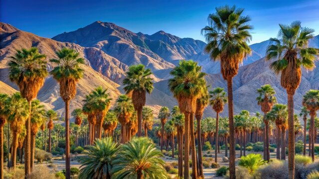 Palm trees and desert mountain panorama in palm springs coachella valley landscape california