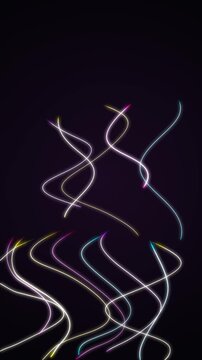Colorful neon light trails on dark background. 2d animation