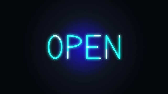 glowing neon sign text open animation on dark background, motion graphic loop