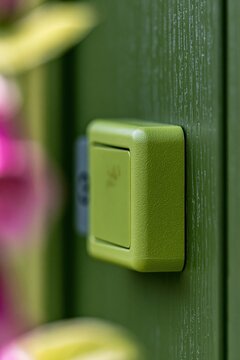 Electronic key card reader on a green wooden hotel door, featuring a smooth lacquer finish and engraved room number for hospitality and accommodation concepts