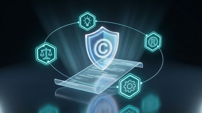 Holographic copyright shield and legal document icon float above reflective surface surrounded by glowing icons for intellectual property and business development.