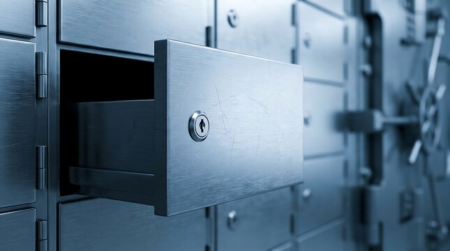 Open metal safe deposit box drawer with a keyhole and visible lock mechanism against a wall of identical secure compartments for storage and protection.