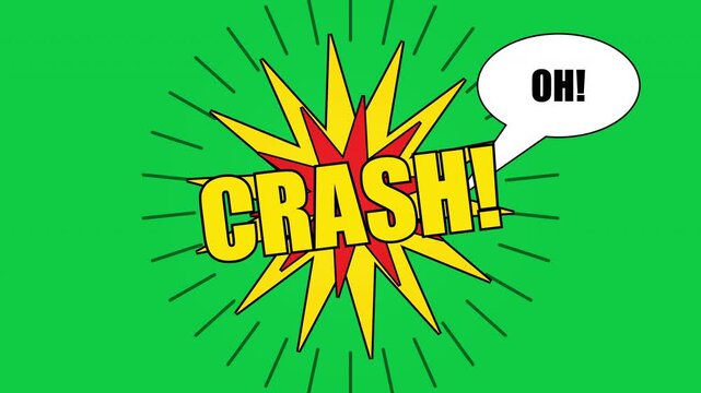 Crash text animation in comic speech bubble with OH text on green screen, dynamic action effect, bold typography