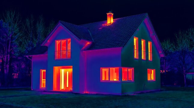 Thermal scan of a detached house at night revealing heat escaping from windows and roof in vivid colors like red and yellow against a dark sky with surrounding trees.