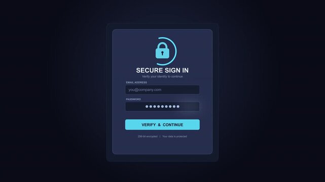 Digital login screen animation, user entering password for secure account access, cybersecurity concept