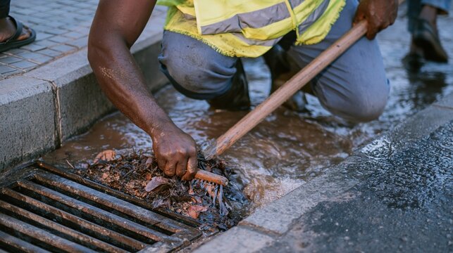 Municipal worker clearing a clogged storm drain with a rake, featuring gritty wet textures and asphalt copy space for urban infrastructure reports