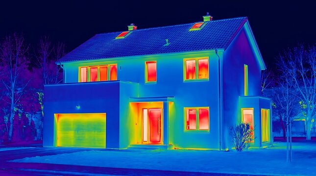 Thermal survey of a suburban home at night showcasing significant heat escaping from windows doors and roof in bright red and yellow colors indicating poor insulation and energy waste.