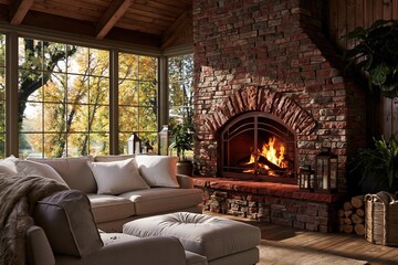Fototapeta premium Rustic cabin living room featuring a bold red stone fireplace with a glowing fire and plush sofa for autumn interior design and cozy home living