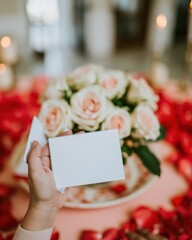 Obraz premium Blank greeting card held in a hand over a table of pink roses for Mothers Day, featuring a mockup for message with a soft romantic atmosphere