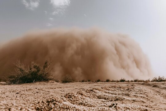 Massive sandstorm wall approaching over a desert landscape with a swirling dust cloud, dry scrub, and gritty ground texture for extreme weather concepts