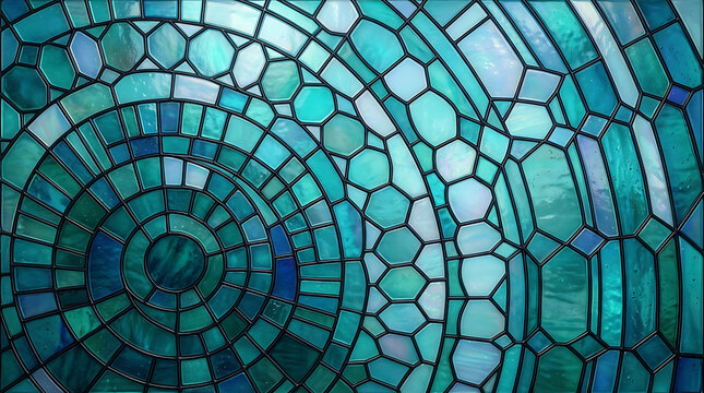 Circular teal stained glass mosaic pattern with intricate geometric segments geometric circular abstract background translucent