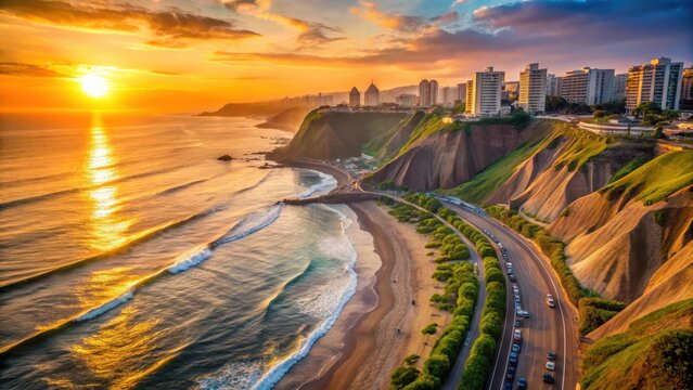 Aerial lima peru coastline golden hour sunset