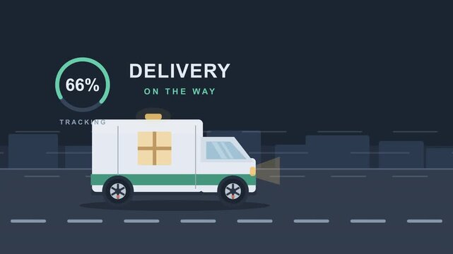 Pixel art delivery van motion animation driving through city at night with progress indicator