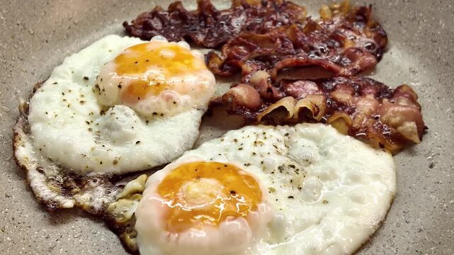 Close-up of crispy bacon and eggs frying in a frying pan