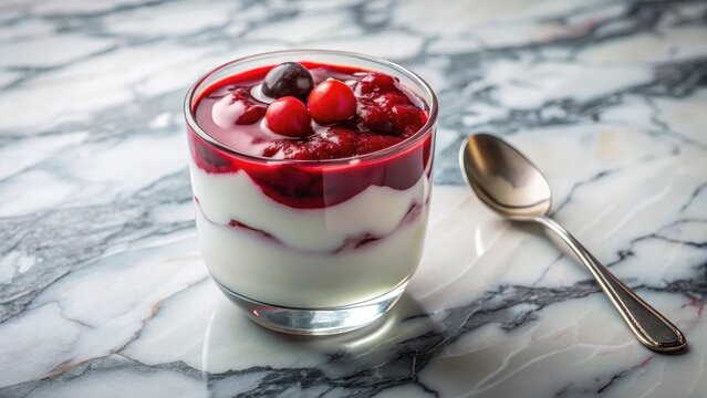 A glass of yogurt topped with red fruit compote with a silver spoon on a marble surface
