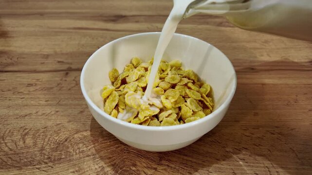 Fresh milk pouring into a white bowl of crispy corn flakes. Healthy and delicious morning meal preparation on a wooden kitchen table