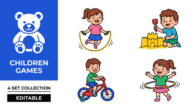 Comprehensive 2D Illustration Set of Kids Activities and Hobbies in Hand Drawn Crayon Texture Style