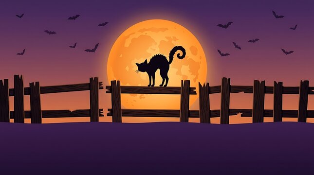Black cat arching back on a wooden fence against a full moon background