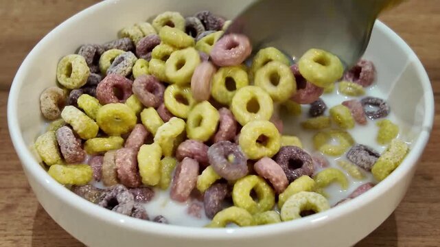Close up view of a spoon stirring colorful breakfast cereal loops in a white bowl with milk. Nutritious and sweet kid's morning meal