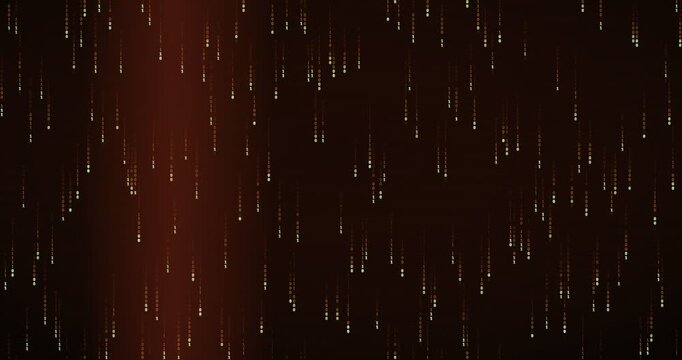 Binary code rain animation with amber glow, creating a dense digital storm in a full-frame code field.