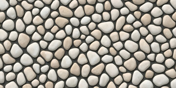Seamless pattern of rounded white and beige pebbles on dark gray background with background cobblestone landscape
