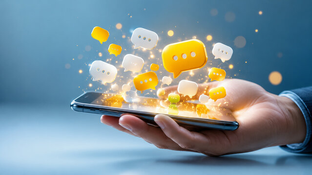 Hand holding a smartphone emitting glowing yellow and white 3D chat bubble icons. Concept of modern mobile communication and global social media networking.