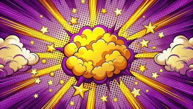Abstract comic book style background with a purple and yellow color scheme a cartoon explosion cloud design with copy space