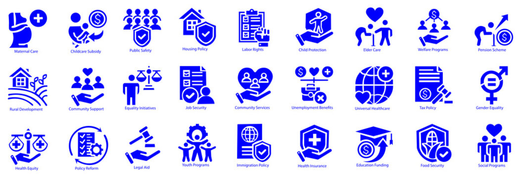 social policy icon set flat style illustration. contain rights advocacy, poverty reduction, accessibility standard, childcare subsidy, disaster relief, minimum wage, pension scheme, labor rights