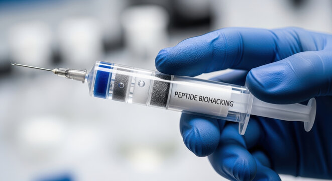 Peptide biohacking research for longevity in medical laboratory with gloved hand holding syringe