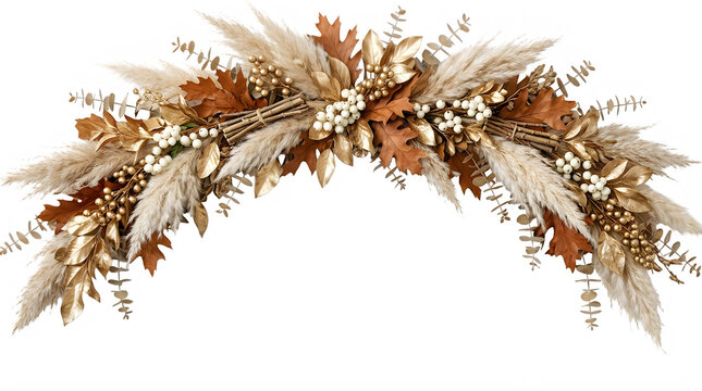 Autumn pampas grass arch with gold leaves and white berries for thanksgiving decor.