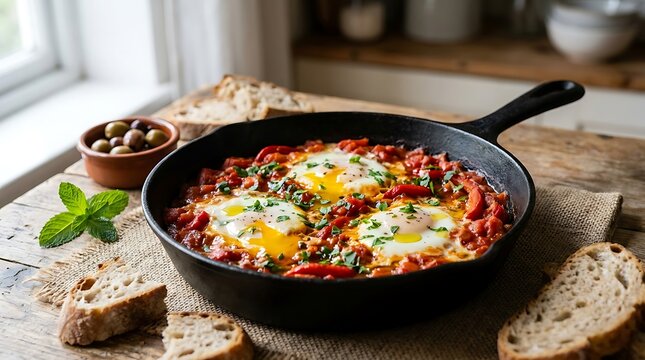 Delicious shakshuka with poached eggs and tomato sauce served in a black cast iron frying pan. Hebrew cuisine recipes